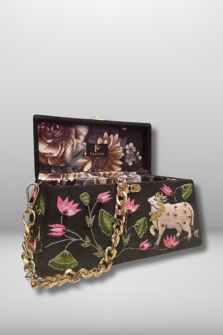 Black Silk 3D Hand Embroidered Clutch by PAAVNII at Pernia's Pop Up Shop