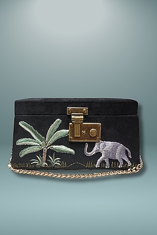 Black Silk 3D Hand Embroidered Clutch by PAAVNII