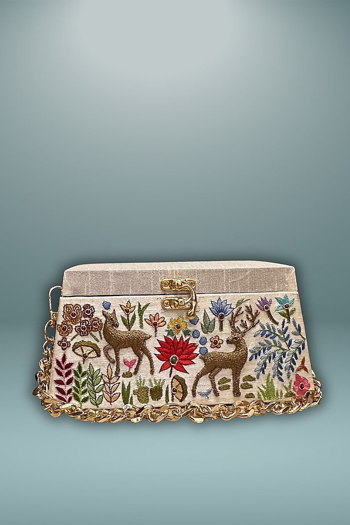 White Silk 3D Hand Embroidered Clutch by PAAVNII at Pernia's Pop Up Shop