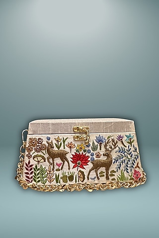 White Silk 3D Hand Embroidered Clutch by PAAVNII