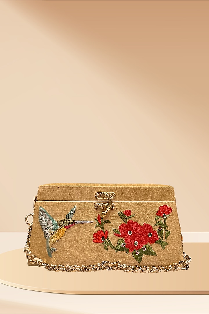 Beige Silk 3D Hand Embroidered Clutch by PAAVNII at Pernia's Pop Up Shop