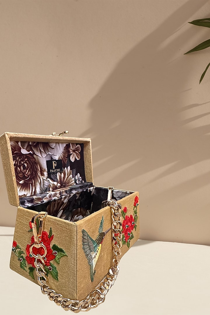 Beige Silk 3D Hand Embroidered Clutch by PAAVNII at Pernia's Pop Up Shop
