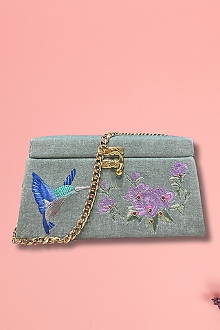 Grey Silk 3D Hand Embroidered Clutch by PAAVNII