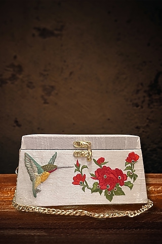 White Silk 3D Hand Embroidered Clutch by PAAVNII