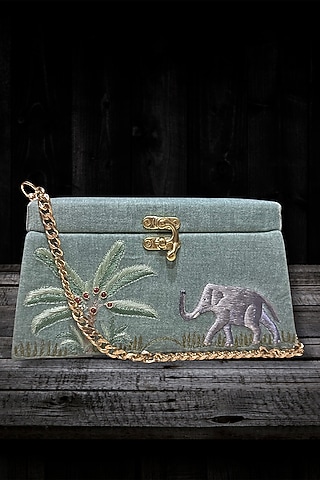 Green Silk 3D Hand Embroidered Clutch by PAAVNII