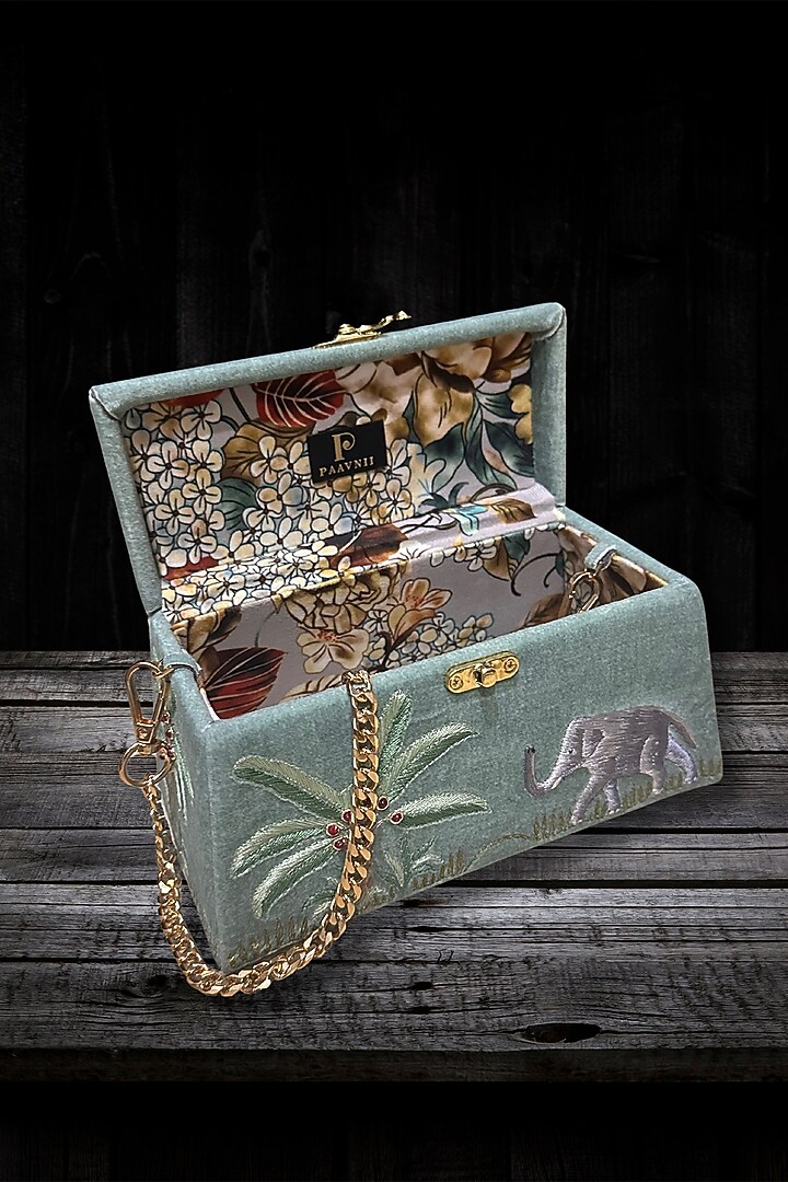 Green Silk 3D Hand Embroidered Clutch by PAAVNII at Pernia's Pop Up Shop