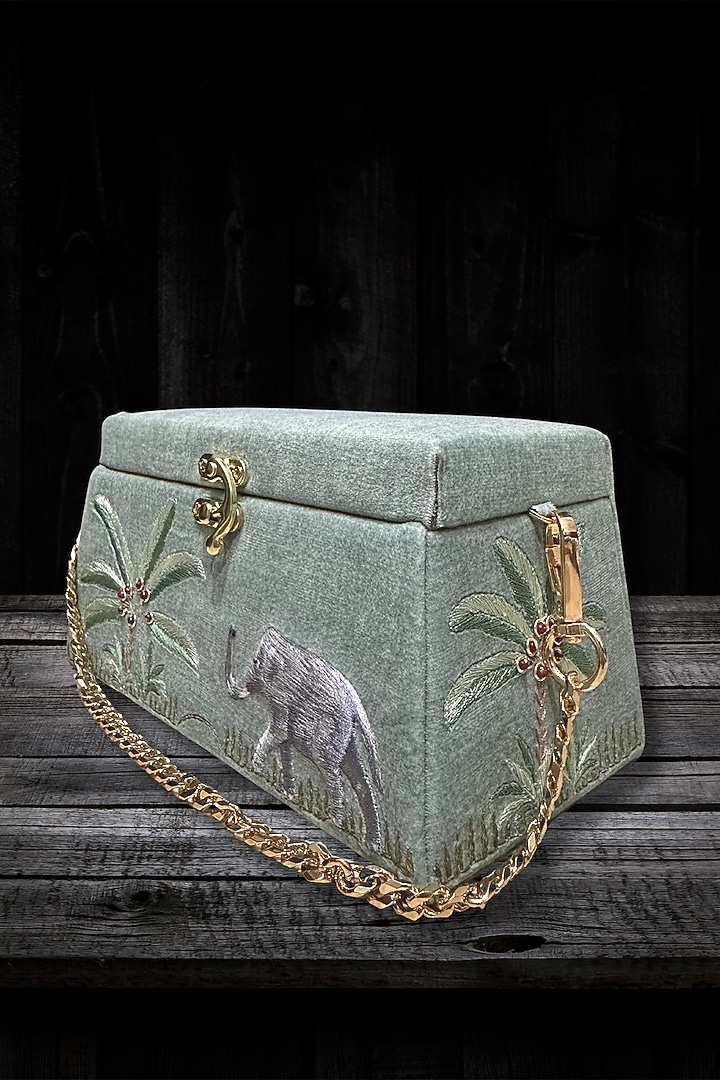 Green Silk 3D Hand Embroidered Clutch by PAAVNII at Pernia's Pop Up Shop
