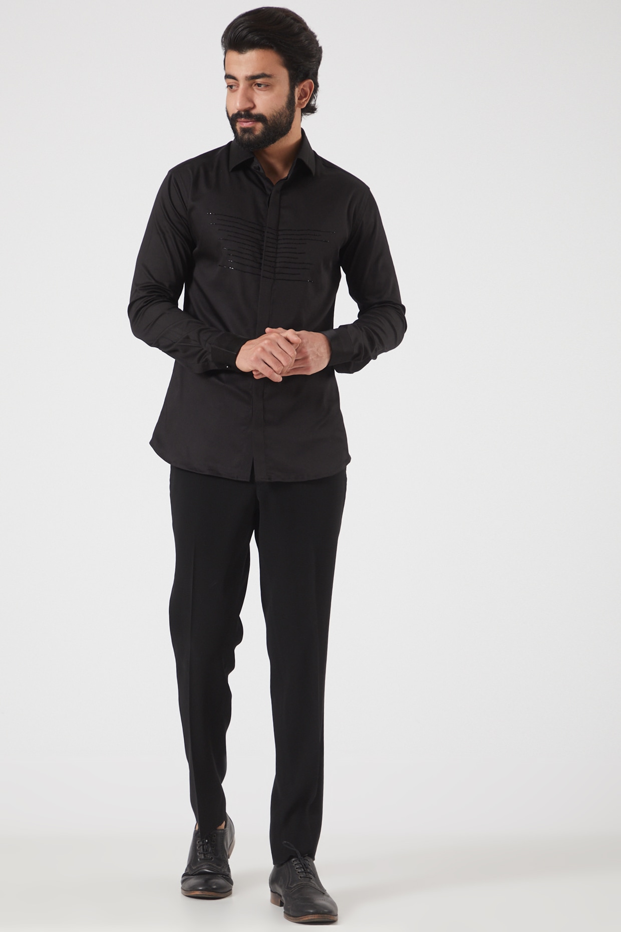 Black Cotton Satin Lycra Shirt Design 