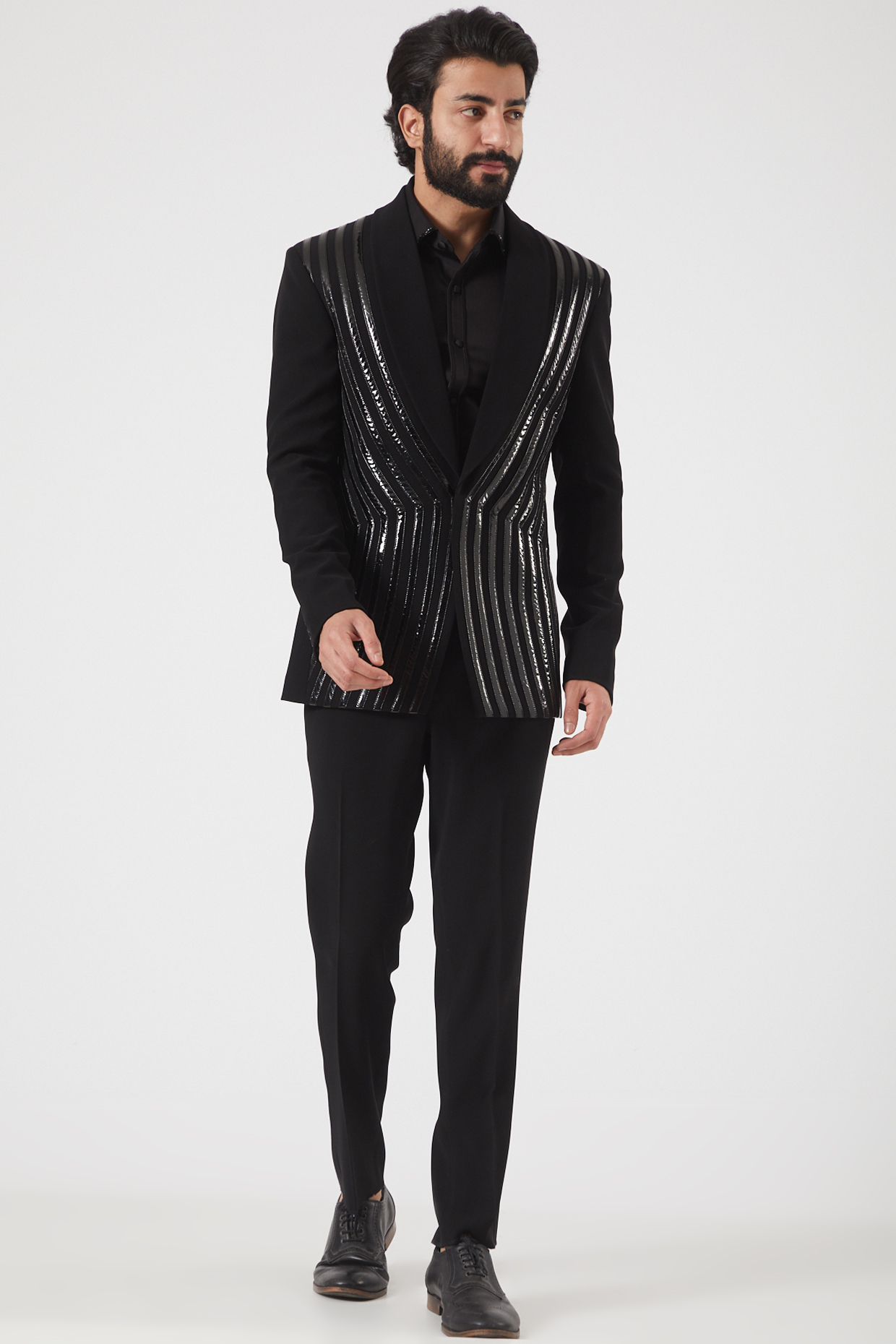 Black Leather Embroidered Tuxedo by PAWAN SACHDEVA at Pernia's Pop Up Shop