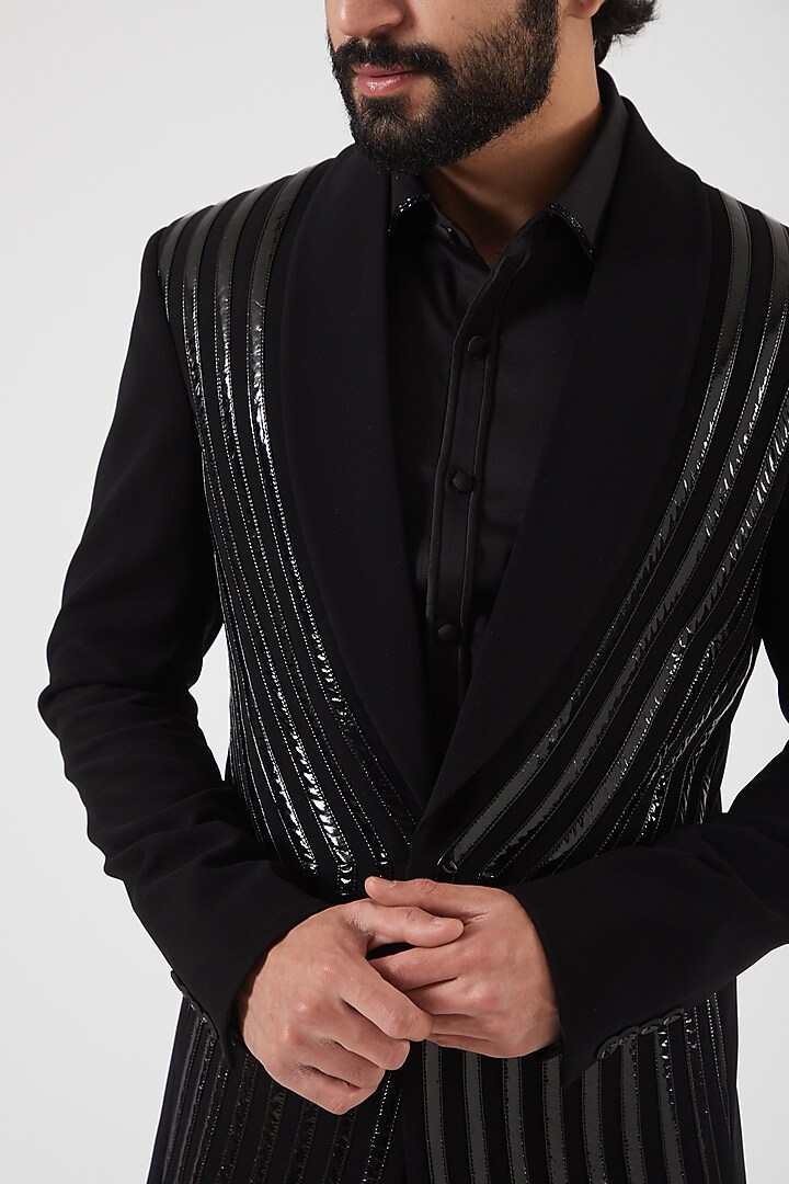 Black Leather Embroidered Tuxedo by PAWAN SACHDEVA at Pernia's Pop Up Shop