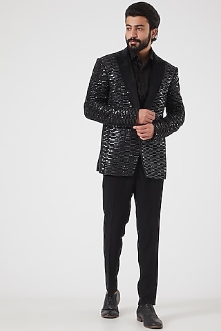 Black Sequins Embroidered Tuxedo by PAWAN SACHDEVA