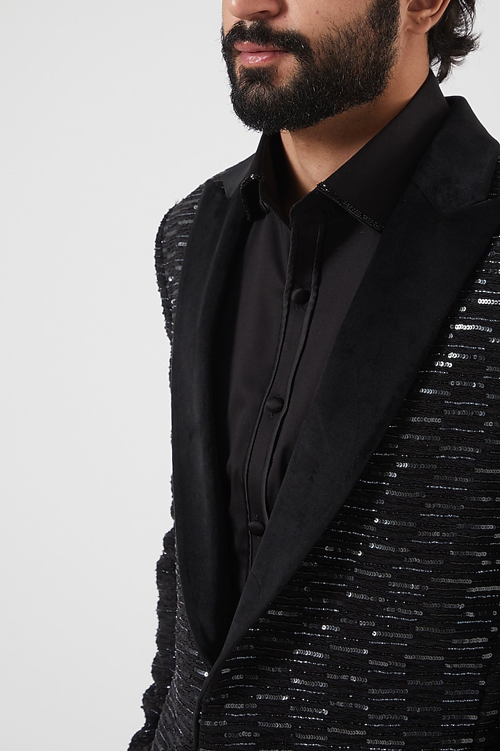 Black Sequins Embroidered Tuxedo by PAWAN SACHDEVA at Pernia's Pop Up Shop