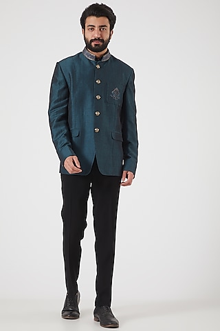 Light Navy Blue Embroidered Jodhpuri Bandhgala Jacket by PAWAN SACHDEVA
