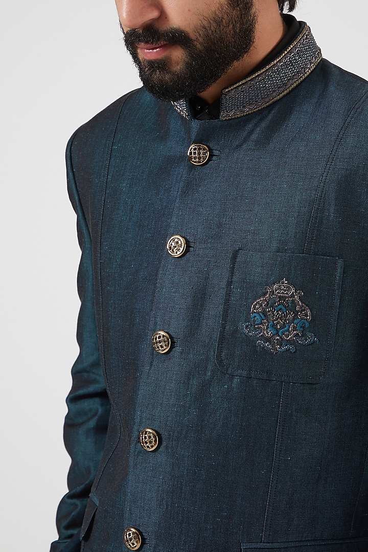Light Navy Blue Embroidered Jodhpuri Wedding Bandhgala Jacket by PAWAN SACHDEVA at Pernia's Pop Up Shop