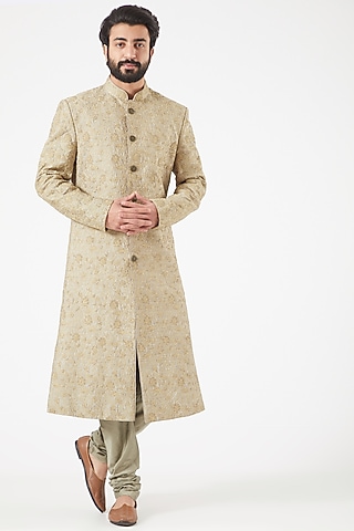 Beige Embroidered Front-Open Sherwani Set by PAWAN SACHDEVA