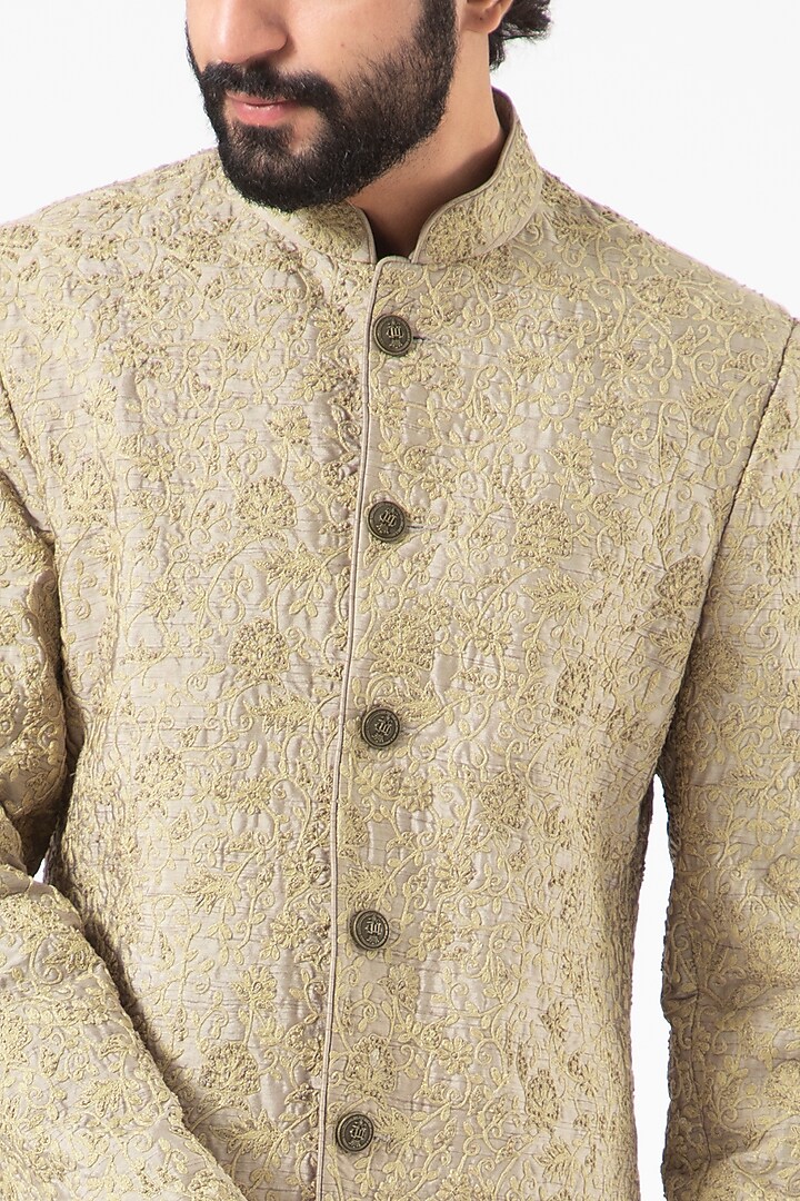 Beige Embroidered Front-Open Groom Sherwani Set by PAWAN SACHDEVA at Pernia's Pop Up Shop