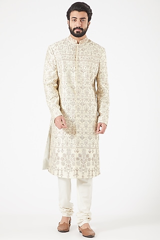 Ivory Embroidered Front-Open Sherwani Set by PAWAN SACHDEVA