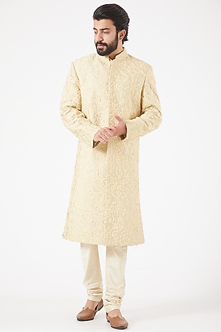 Cream Embroidered Front-Open Sherwani Set by PAWAN SACHDEVA