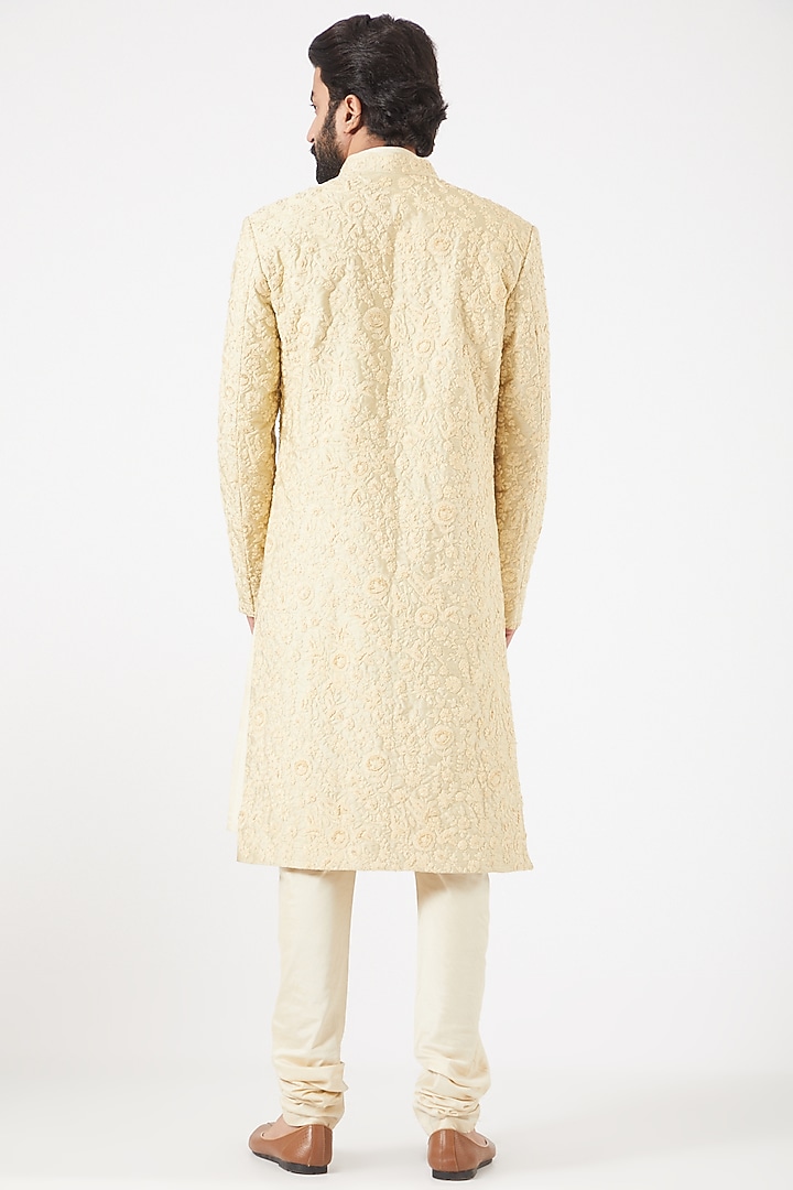 Cream Embroidered Front-Open Groom Sherwani Set by PAWAN SACHDEVA at Pernia's Pop Up Shop