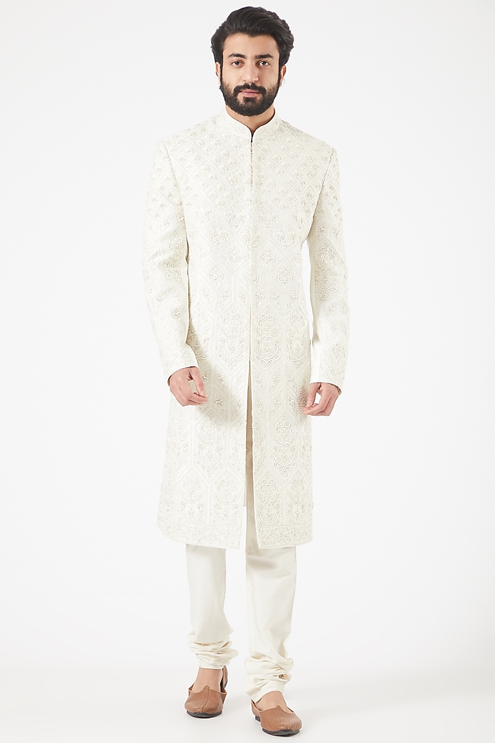 Off-White Embroidered Front-Open Sherwani Set by PAWAN SACHDEVA