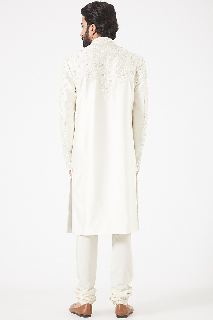 Off-White Embroidered Front-Open Groom Sherwani Set by PAWAN SACHDEVA at Pernia's Pop Up Shop
