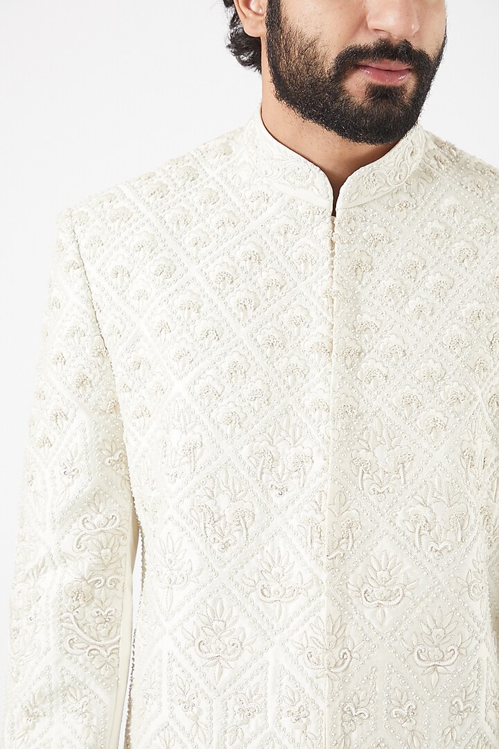Off-White Embroidered Front-Open Groom Sherwani Set by PAWAN SACHDEVA at Pernia's Pop Up Shop