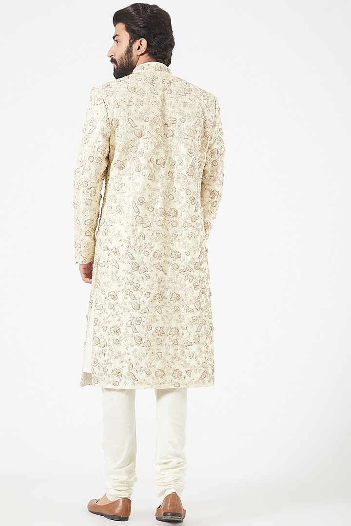 Ecru Embroidered Front-Open Groom Sherwani Set by PAWAN SACHDEVA at Pernia's Pop Up Shop