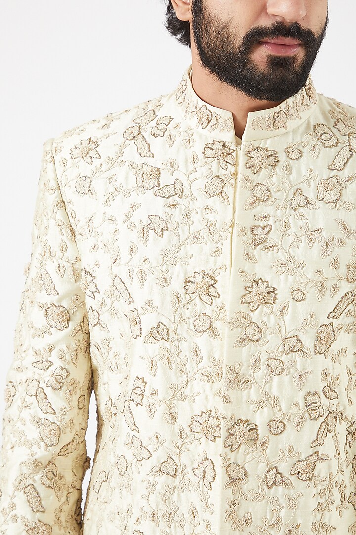 Ecru Embroidered Front-Open Groom Sherwani Set by PAWAN SACHDEVA at Pernia's Pop Up Shop