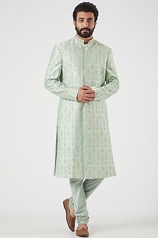 Mint Embroidered Front-Open Sherwani Set by PAWAN SACHDEVA