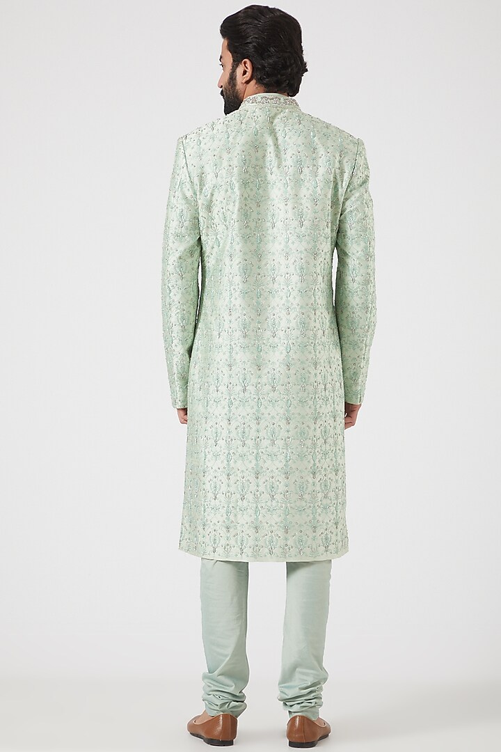 Mint Embroidered Front-Open Groom Sherwani Set by PAWAN SACHDEVA at Pernia's Pop Up Shop
