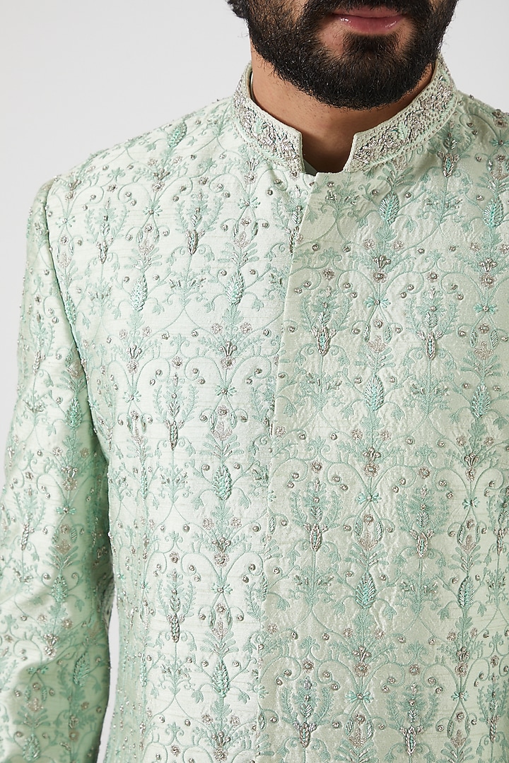 Mint Embroidered Front-Open Groom Sherwani Set by PAWAN SACHDEVA at Pernia's Pop Up Shop