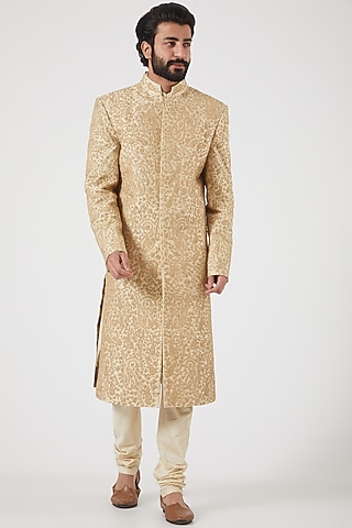 Gold Embroidered Front-Open Sherwani Set by PAWAN SACHDEVA