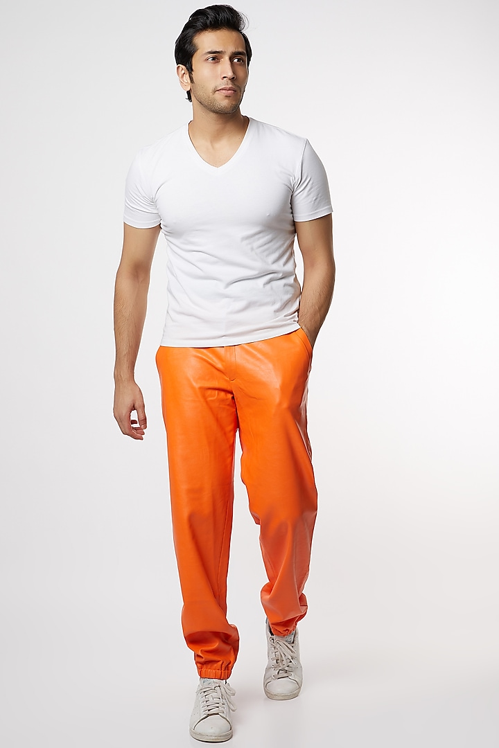 White & Orange Leather Pant Set by PAWAN SACHDEVA