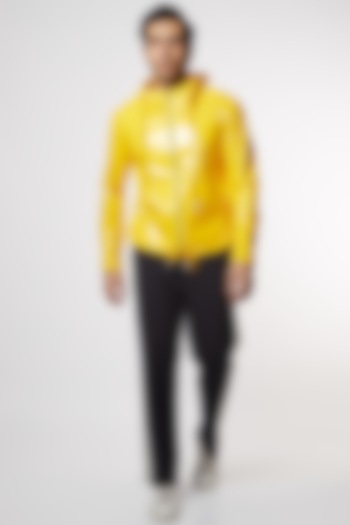 Black Cotton Lycra Pant Set With Yellow Jacket by PAWAN SACHDEVA