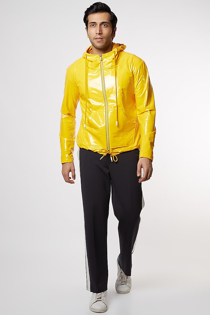 Black Cotton Lycra Pant Set With Yellow Jacket by PAWAN SACHDEVA