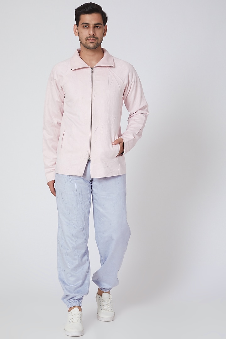 Blush Pink Crinkle Zipper Jacket Set by PAWAN SACHDEVA