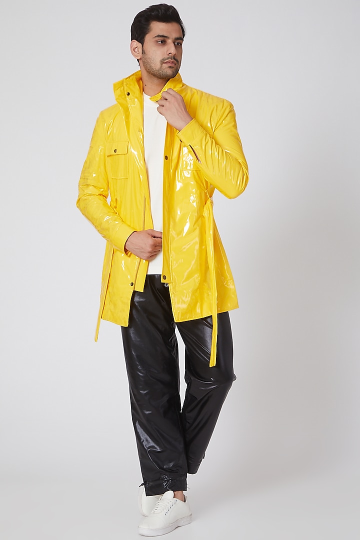 Neon Yellow Rexine Jacket Set by PAWAN SACHDEVA