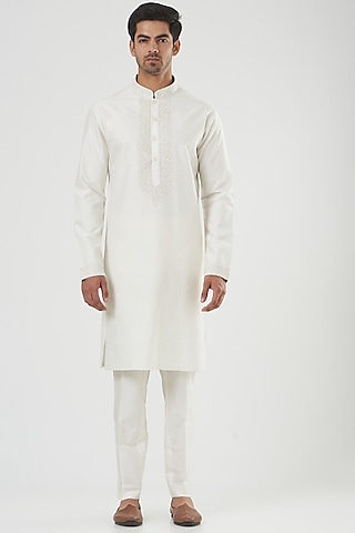 Ivory Katan Silk Kurta Set by PAWAN SACHDEVA