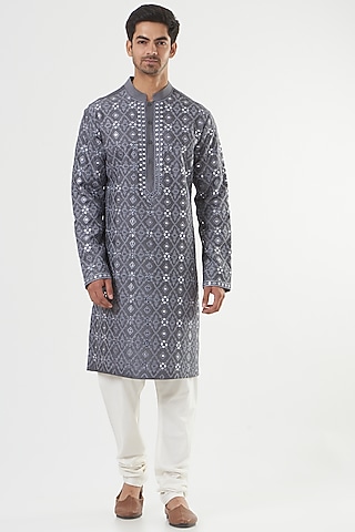 Grey Katan Silk Kurta Set by PAWAN SACHDEVA