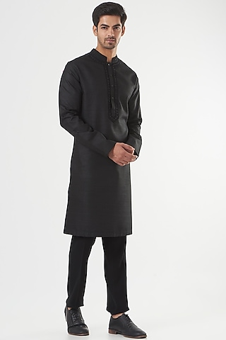 Black Khadi Silk Kurta Set by PAWAN SACHDEVA