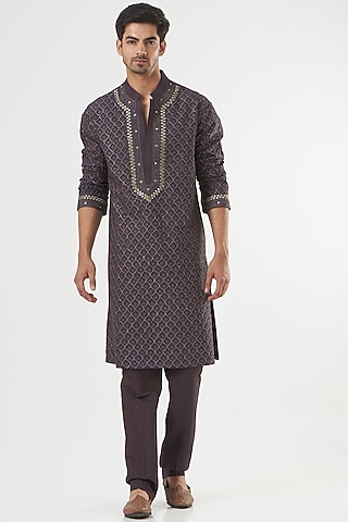 Purplish Brown Embroidered Kurta Set by PAWAN SACHDEVA
