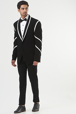 Black Lycra Tuxedo Set by PAWAN SACHDEVA