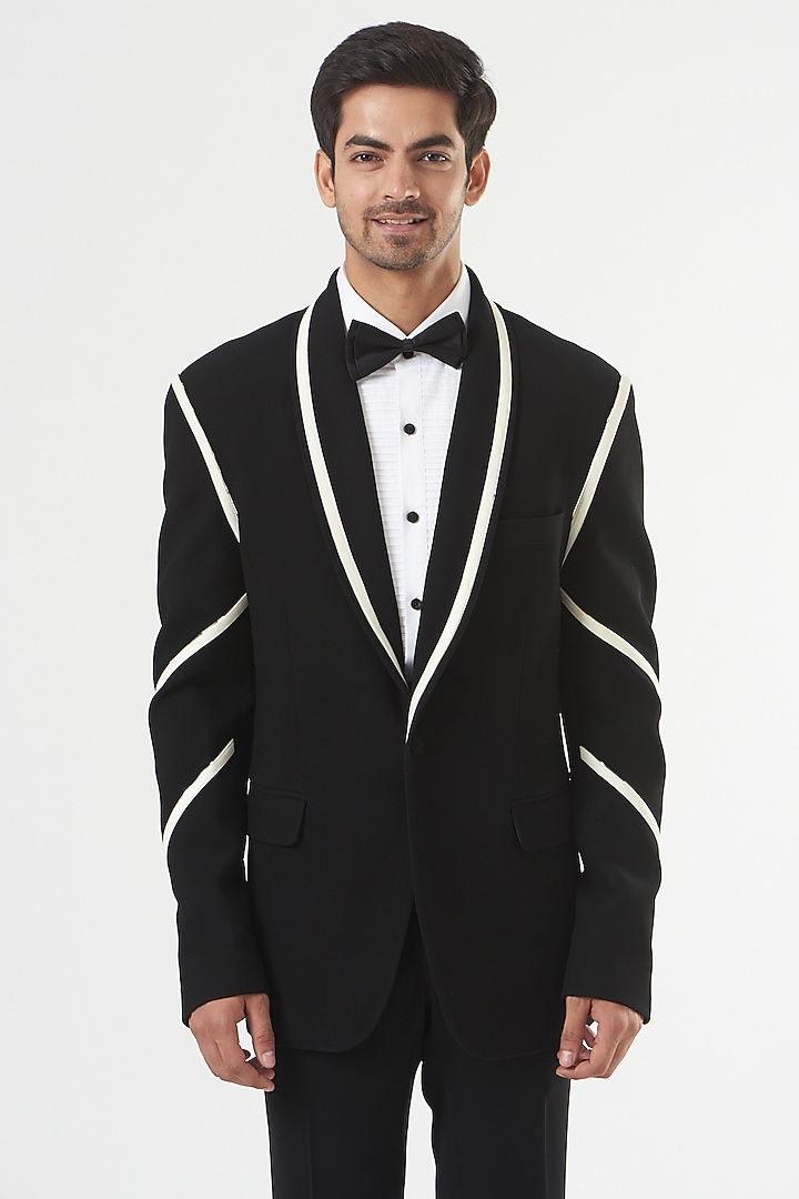Black Lycra Tuxedo Set by PAWAN SACHDEVA at Pernia's Pop Up Shop