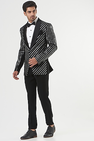Black Lycra Tuxedo Set by PAWAN SACHDEVA