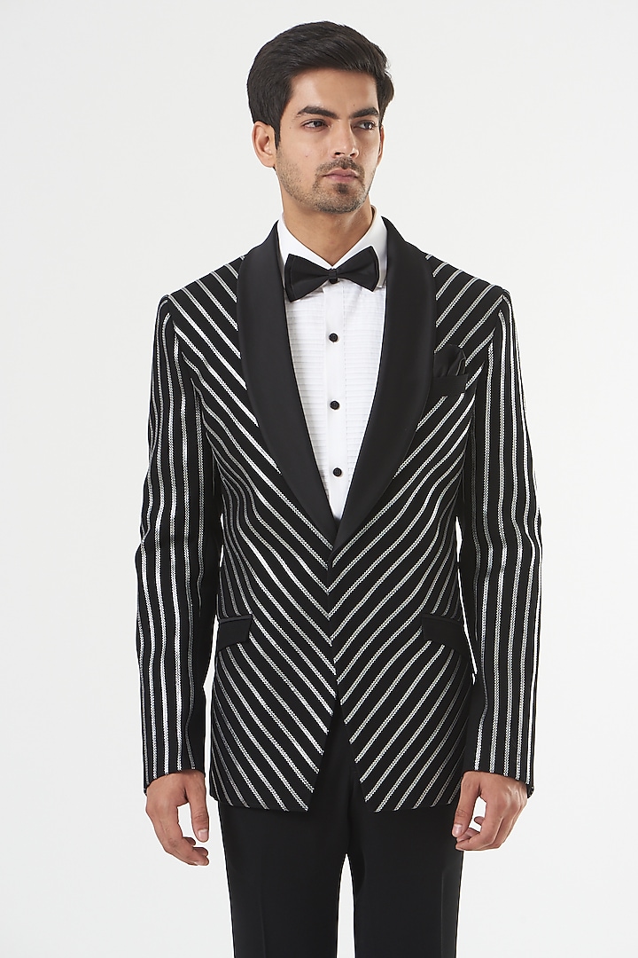 Black Lycra Tuxedo Set by PAWAN SACHDEVA at Pernia's Pop Up Shop