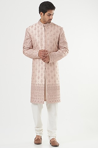 Rose Gold Embroidered Sherwani Set by PAWAN SACHDEVA