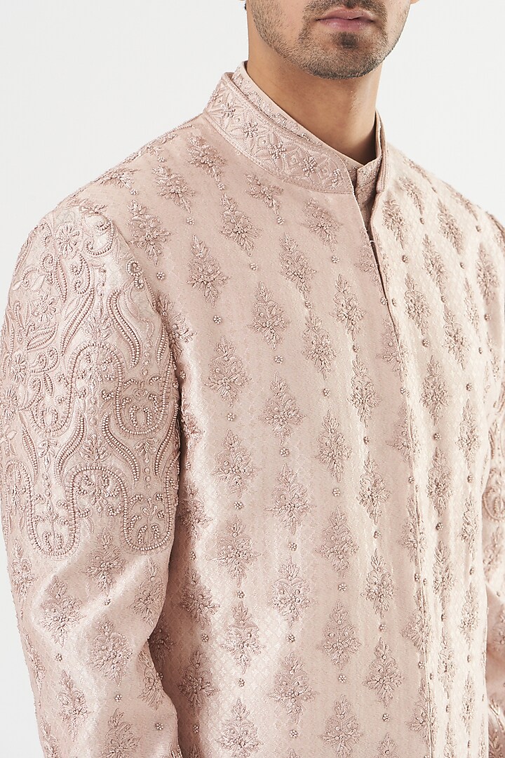 Rose Gold Embroidered Groom Sherwani Set by PAWAN SACHDEVA at Pernia's Pop Up Shop