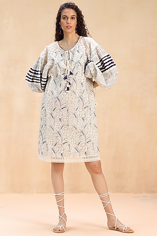 Ecru Cotton Printed & Cutwork Embroidered Tunic Dress by Payal Jain Pret