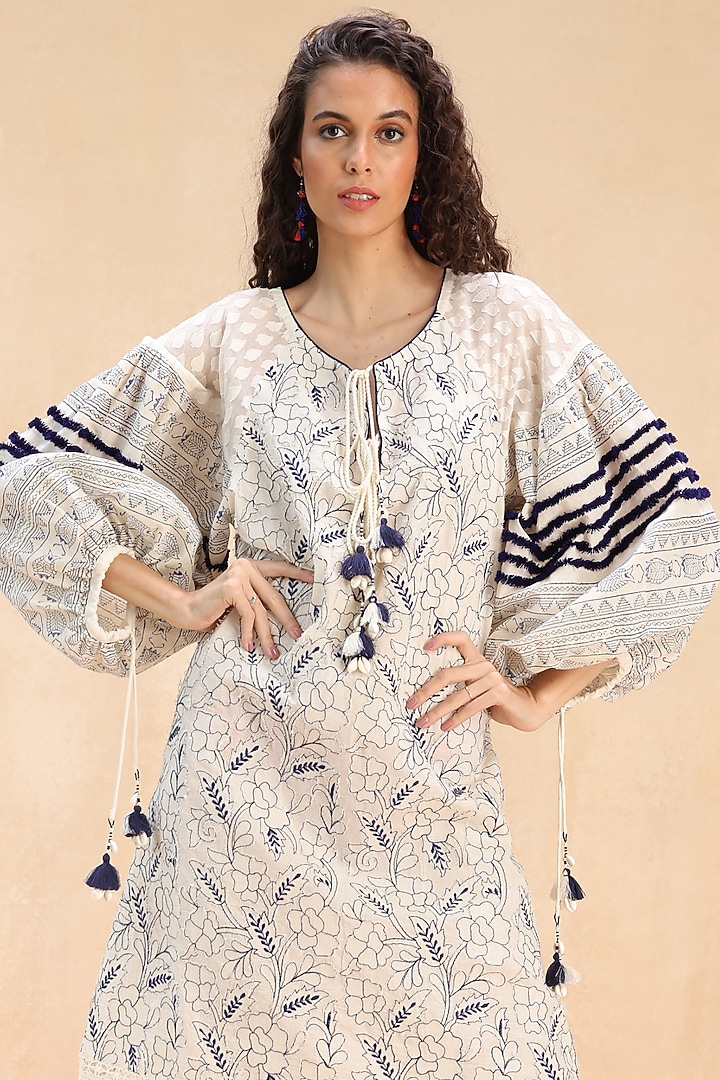 Ecru Cotton Printed & Cutwork Embroidered Tunic Vacation Dress by Payal Jain Pret at Pernia's Pop Up Shop