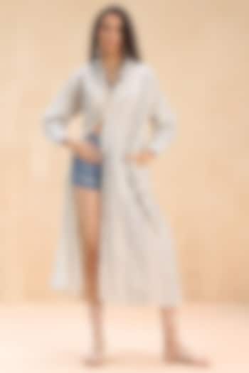 Ecru Cotton Fringe Embroidered Long Shirt by Payal Jain Pret at Pernia's Pop Up Shop